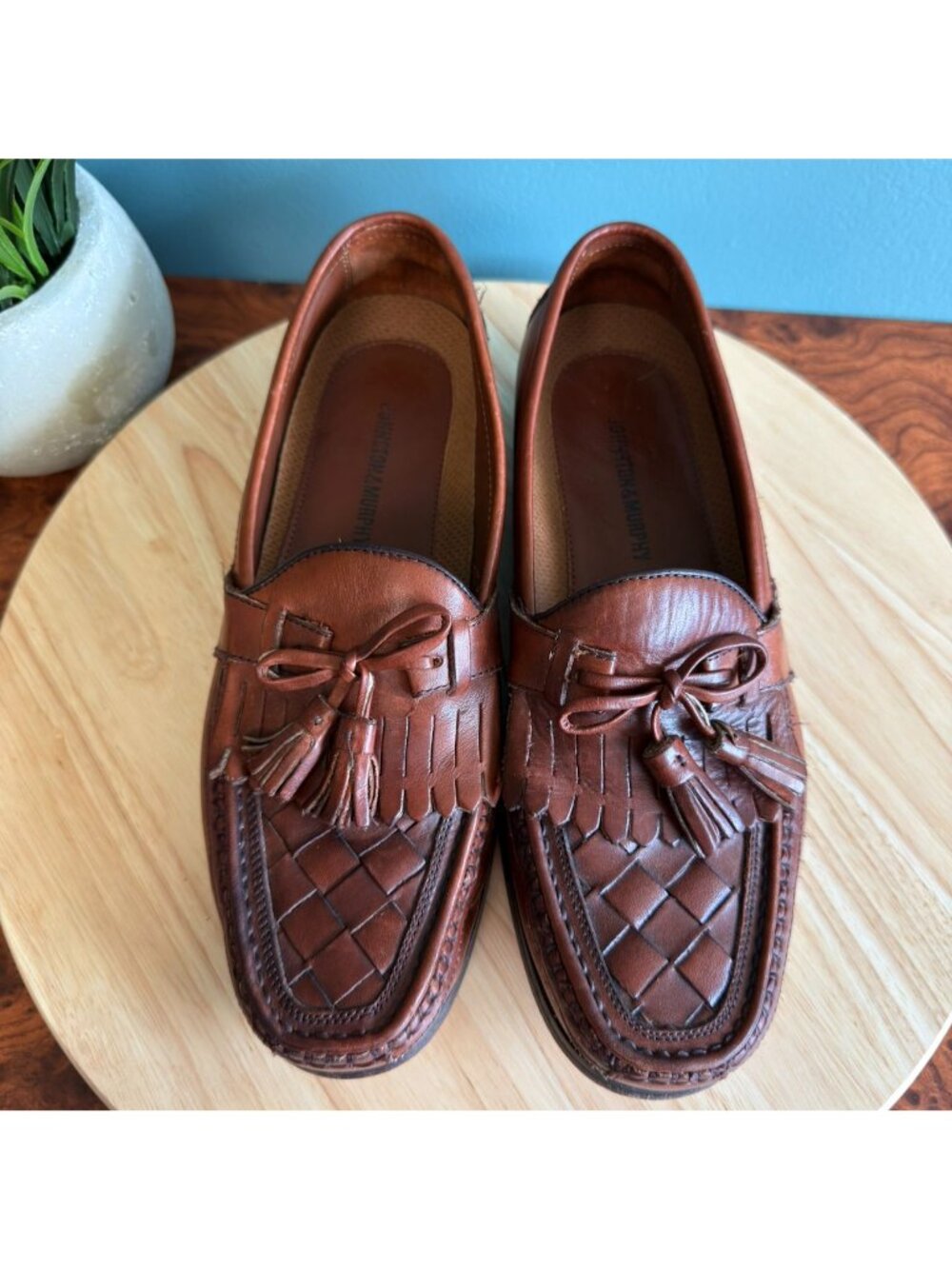 Johnston & Murphy Mens 9.5 Halsey Loafer Woven Leather Tasseled Cognac Brown - Picture 7 of 9